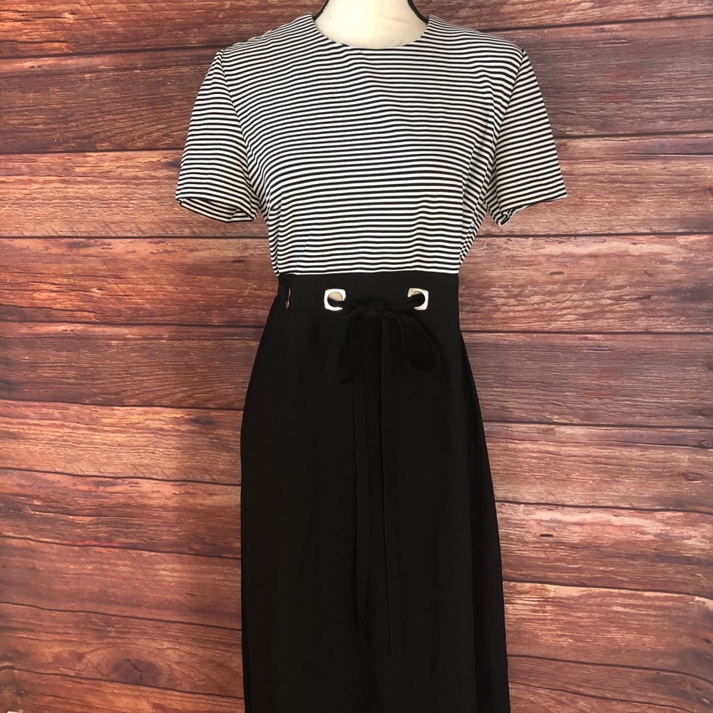 Black White Striped Maxi Dress With Belt